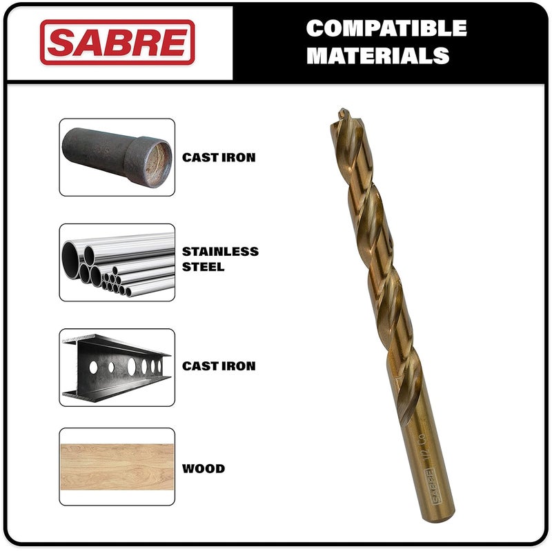 Sabre Tools 1/2 Inch Cobalt Drill Bits 5pcs Heavy-Duty Drill Bits for Steel, Hard Metal, Cast Iron (1/2" x 6") - Image 3